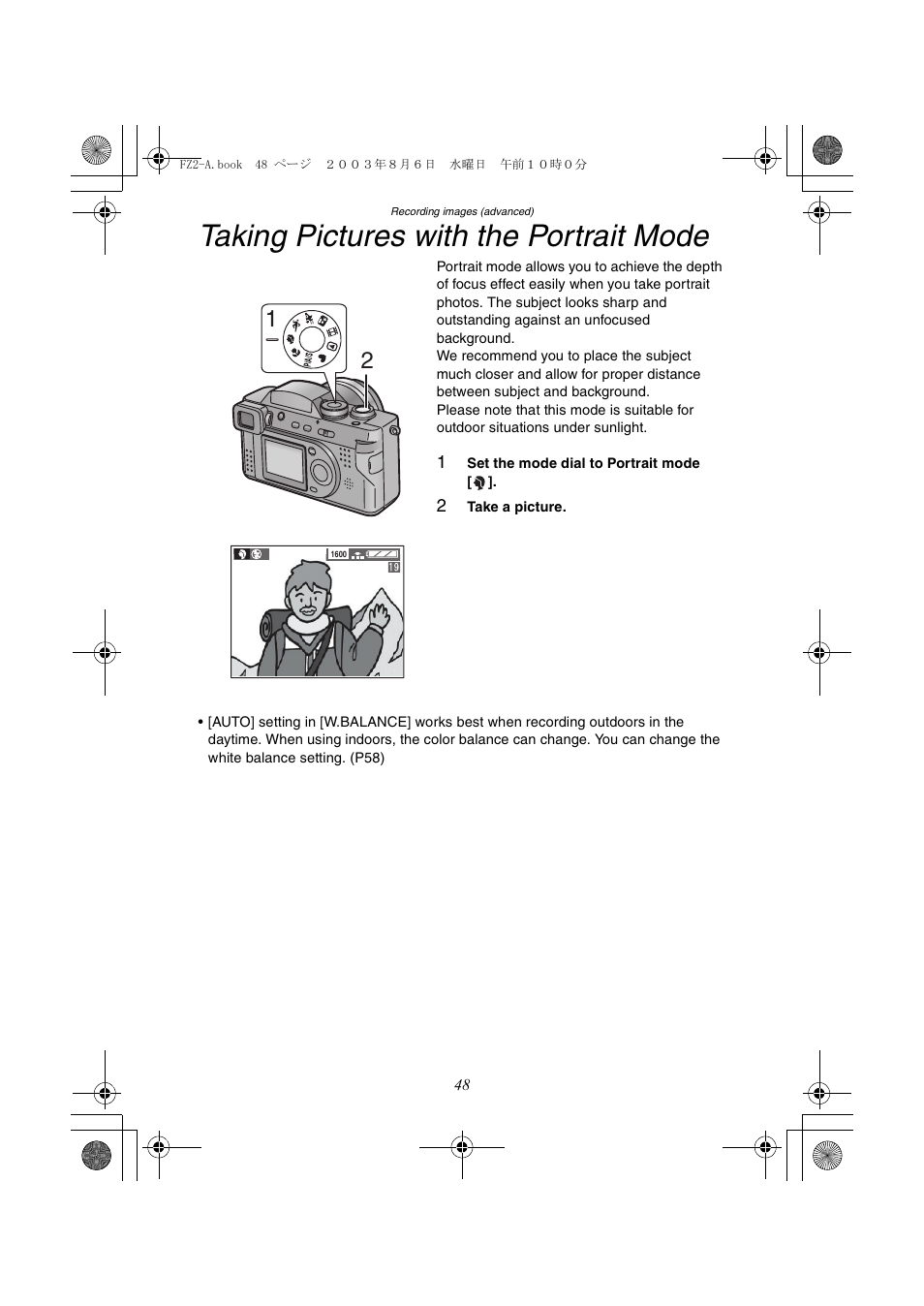 Taking pictures with the portrait mode | Panasonic DMC-FZ2A User Manual | Page 48 / 104