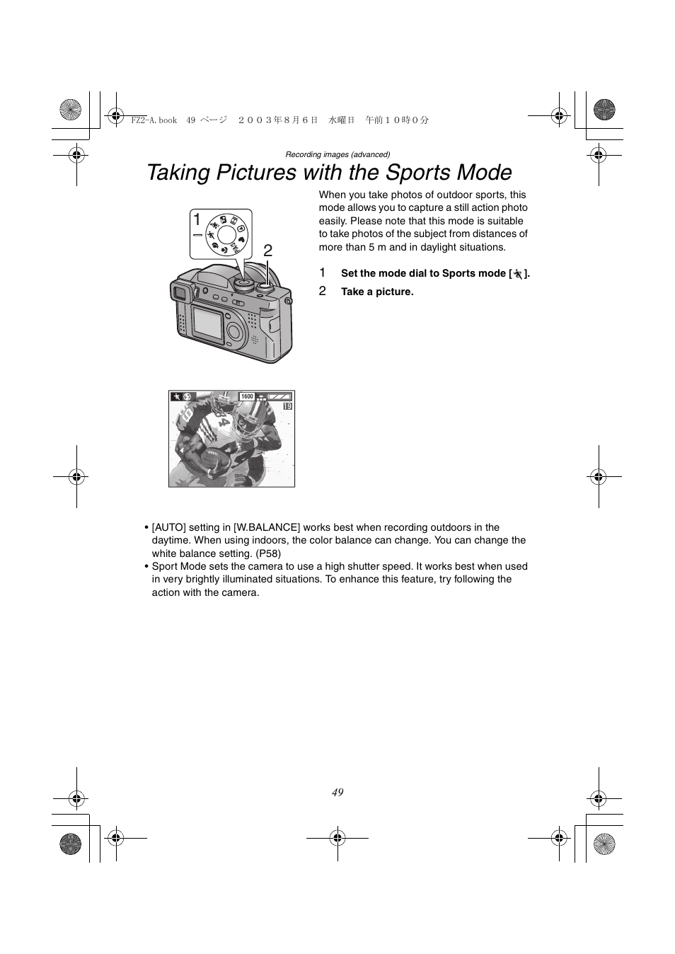 Taking pictures with the sports mode | Panasonic DMC-FZ2A User Manual | Page 49 / 104