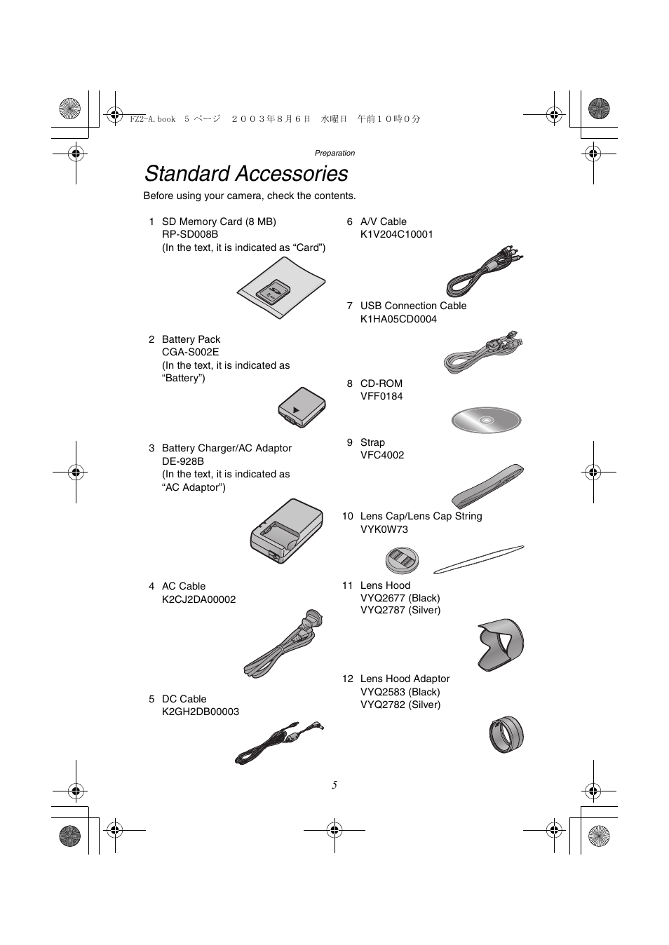 Standard accessories | Panasonic DMC-FZ2A User Manual | Page 5 / 104