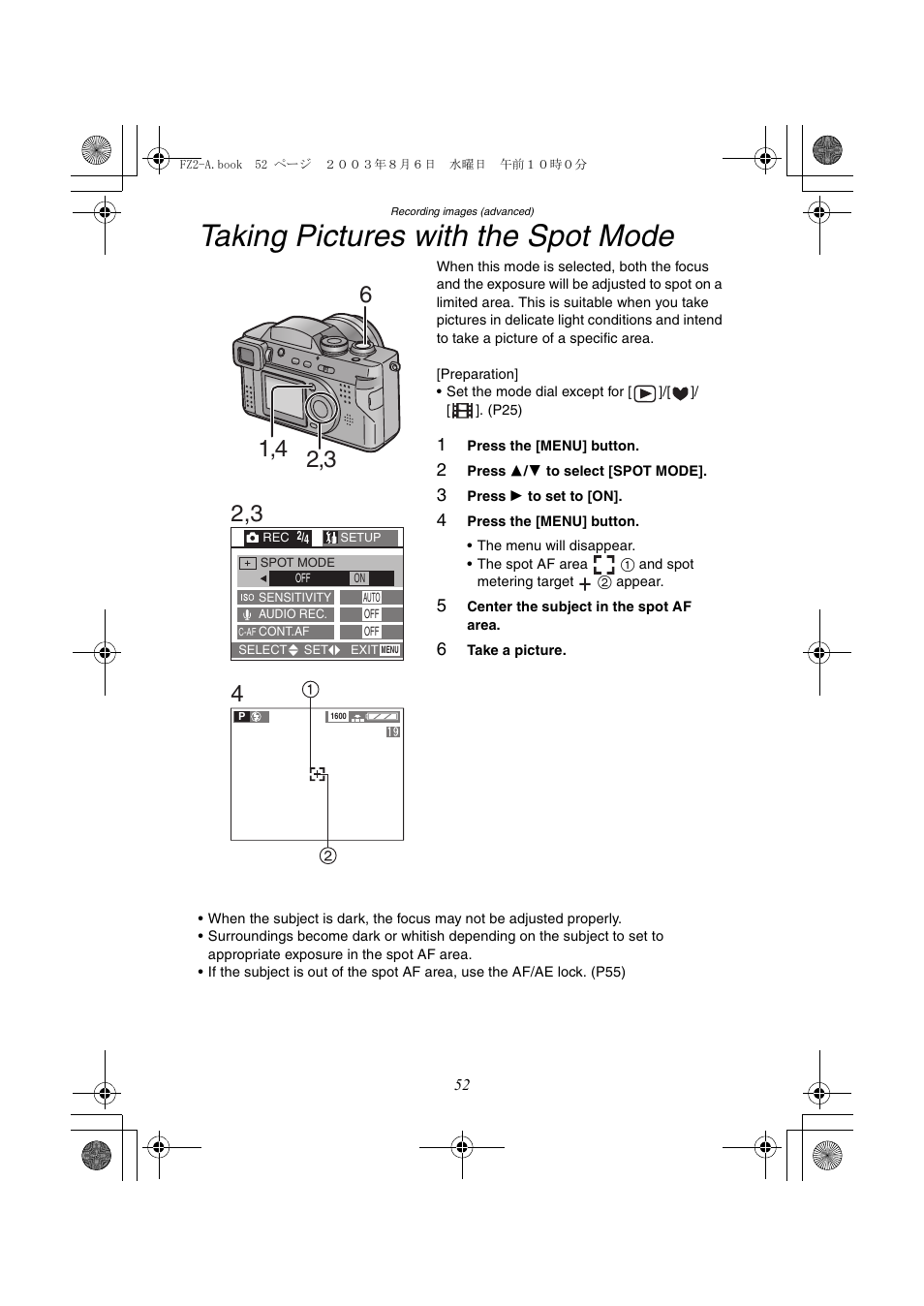 Taking pictures with the spot mode | Panasonic DMC-FZ2A User Manual | Page 52 / 104