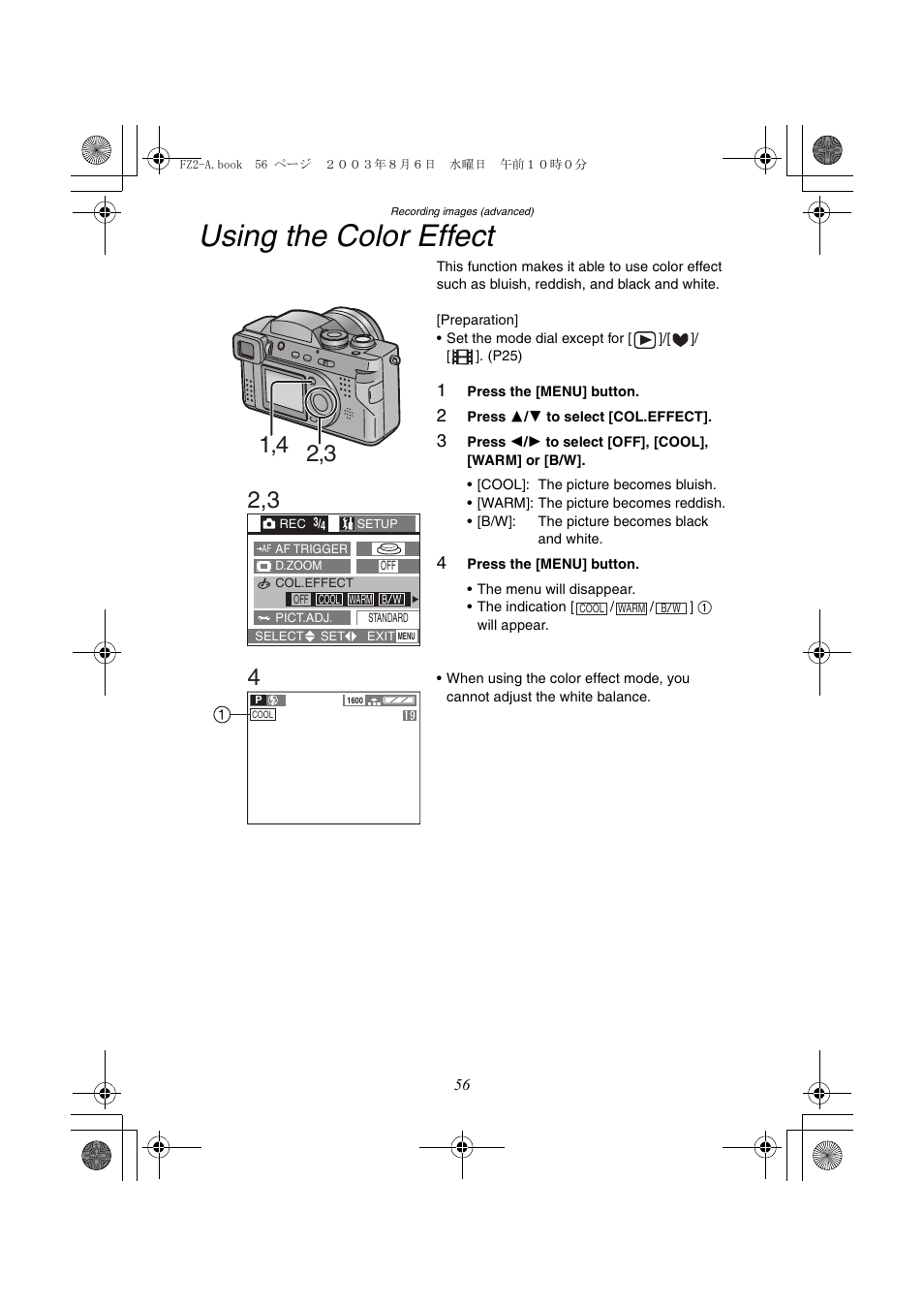Using the color effect | Panasonic DMC-FZ2A User Manual | Page 56 / 104