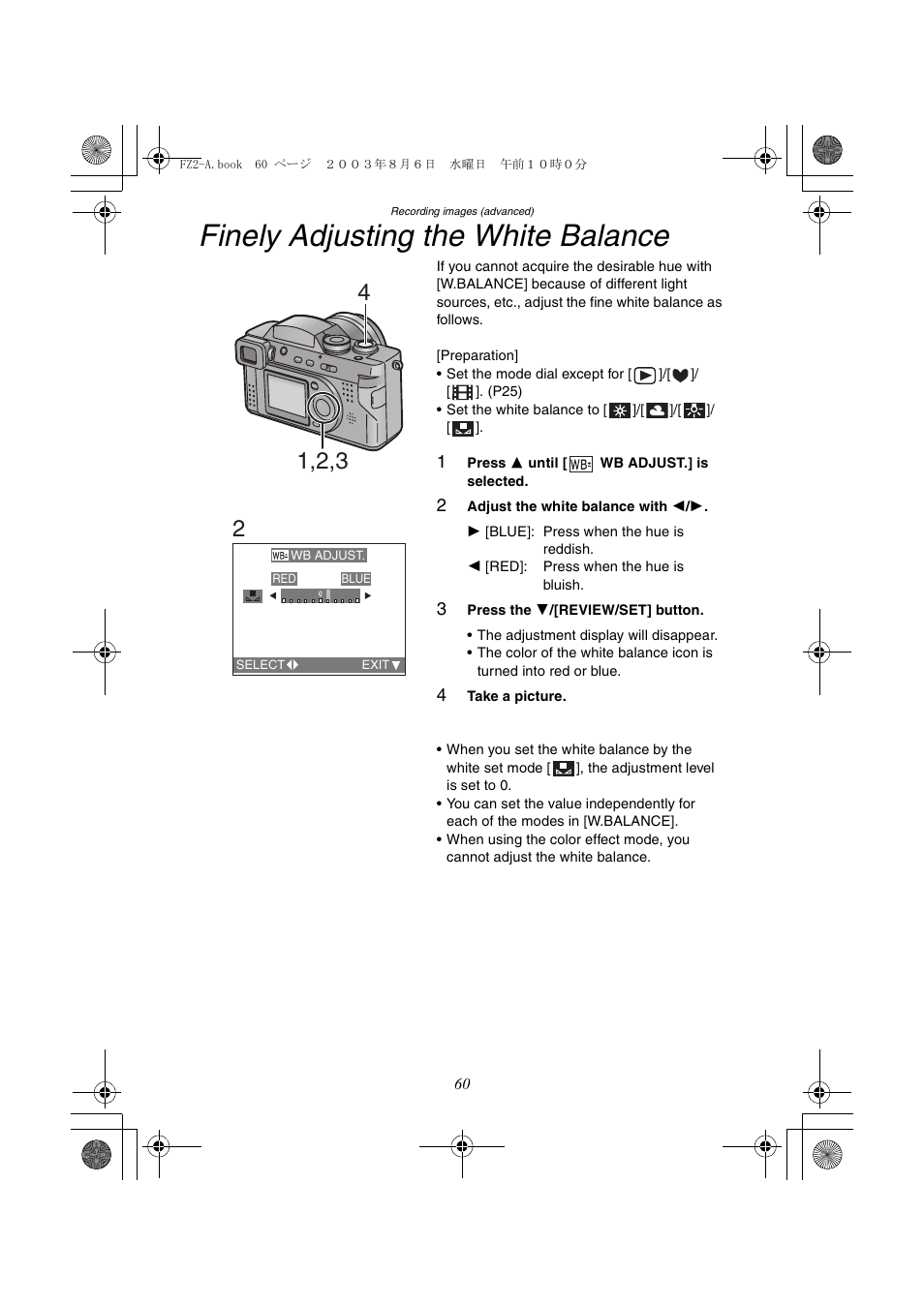 Finely adjusting the white balance | Panasonic DMC-FZ2A User Manual | Page 60 / 104