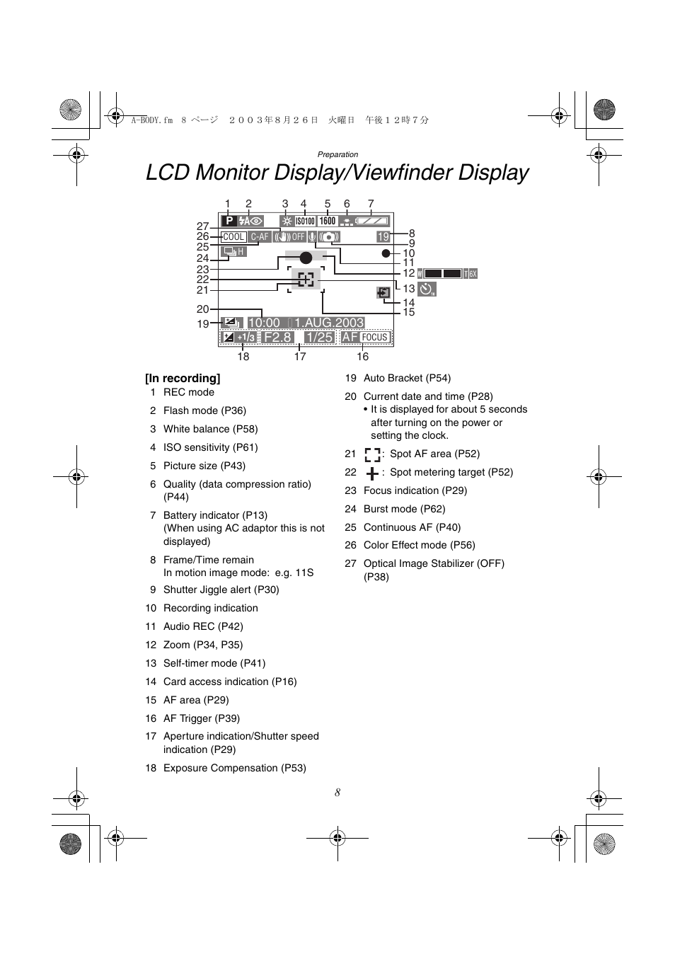 Lcd monitor display/viewfinder display | Panasonic DMC-FZ2A User Manual | Page 8 / 104