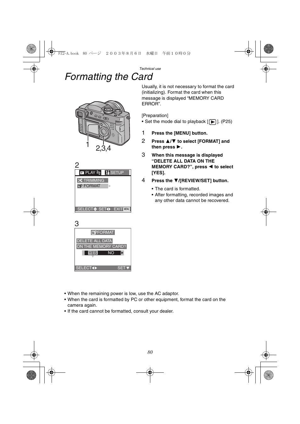 Formatting the card | Panasonic DMC-FZ2A User Manual | Page 80 / 104