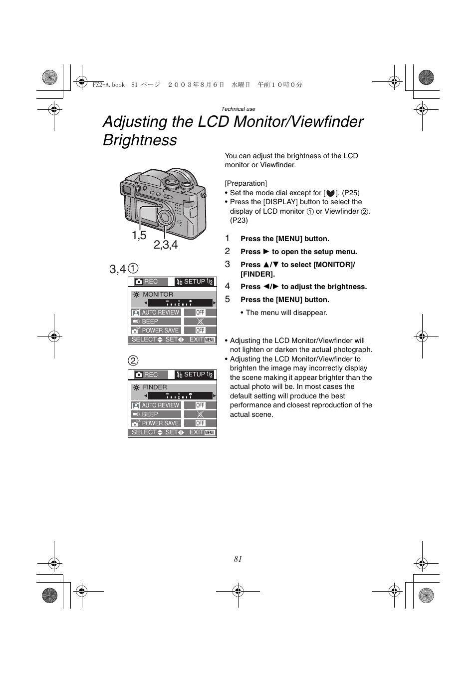 Adjusting the lcd monitor/viewfinder brightness | Panasonic DMC-FZ2A User Manual | Page 81 / 104