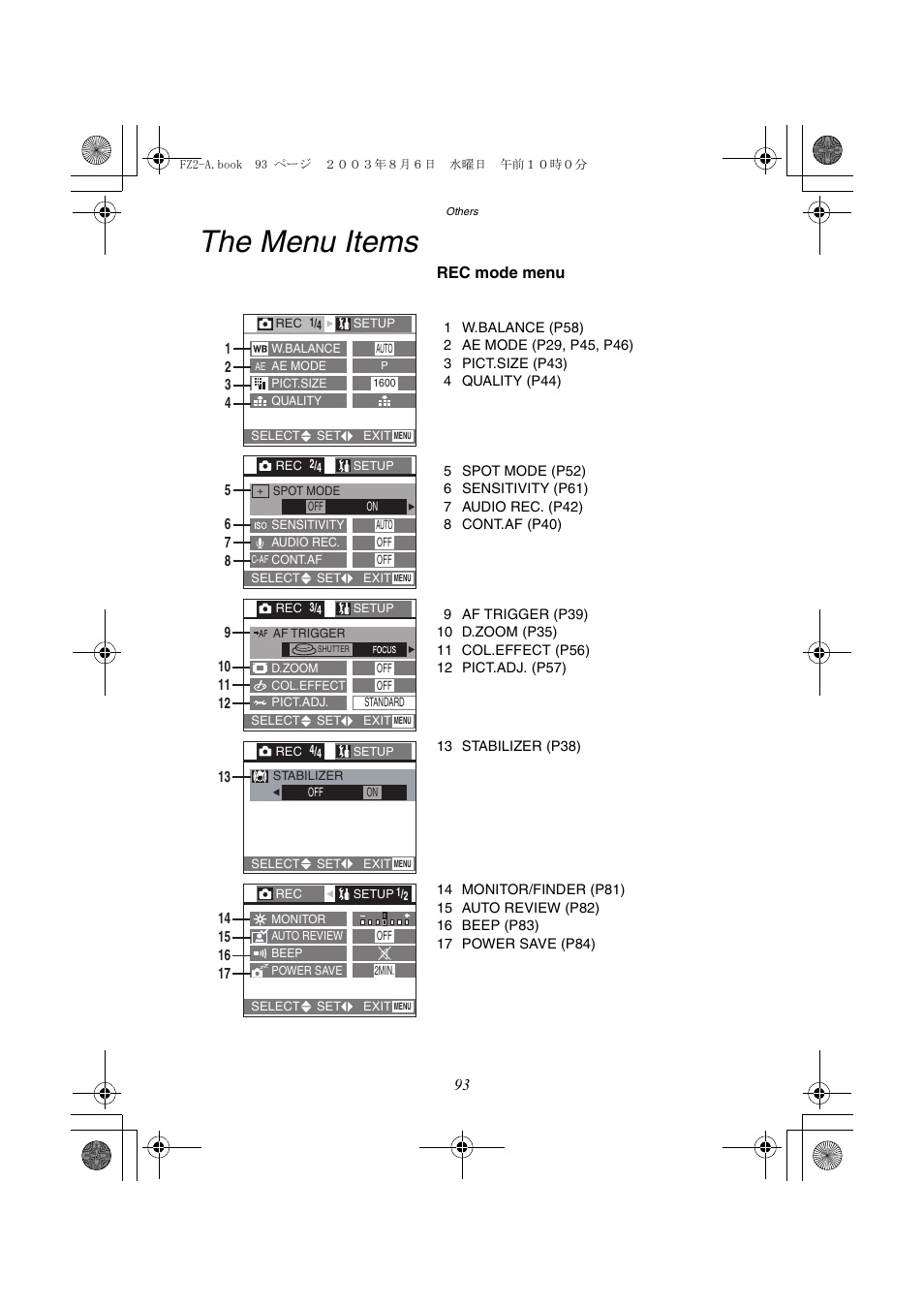The menu items, Rec mode menu | Panasonic DMC-FZ2A User Manual | Page 93 / 104