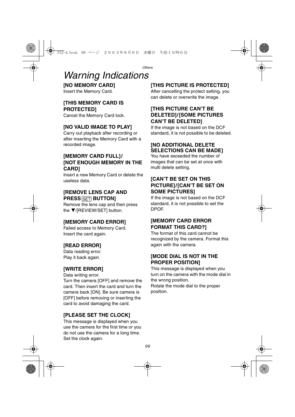Warning indications | Panasonic DMC-FZ2A User Manual | Page 99 / 104