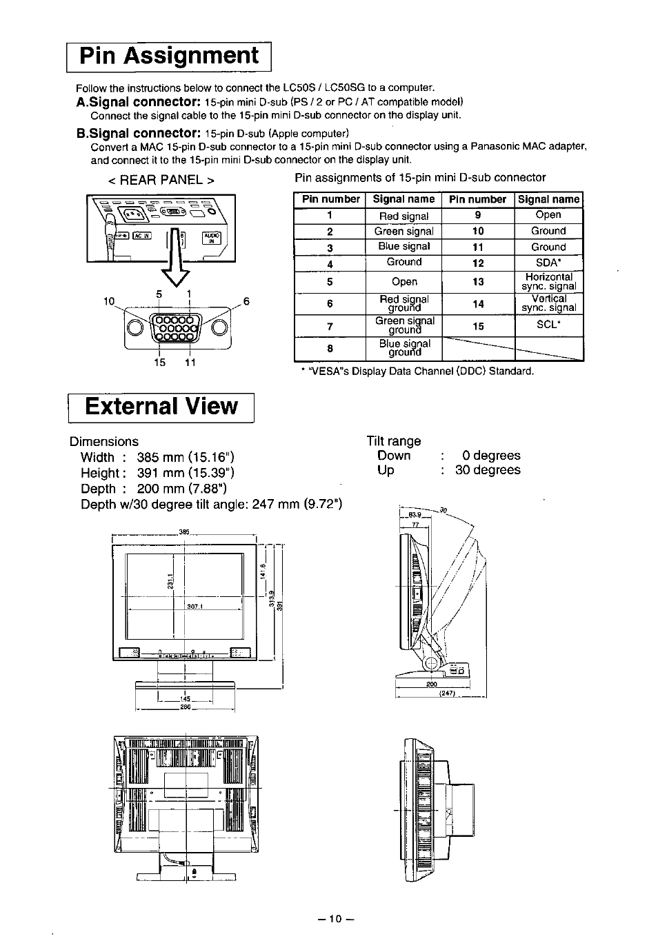 Pin assignment, External view | Panasonic PANAFLAT TX-D5L31F User Manual | Page 11 / 67