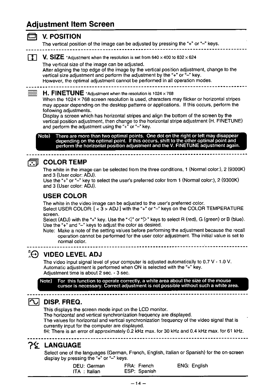 Adjustment item screen, Ibl v. position, Color temp | User color, Video level adj, Q disp. freq, 7^ language, U v. size, H. finetune, E video level adj | Panasonic PANAFLAT TX-D5L31F User Manual | Page 15 / 67