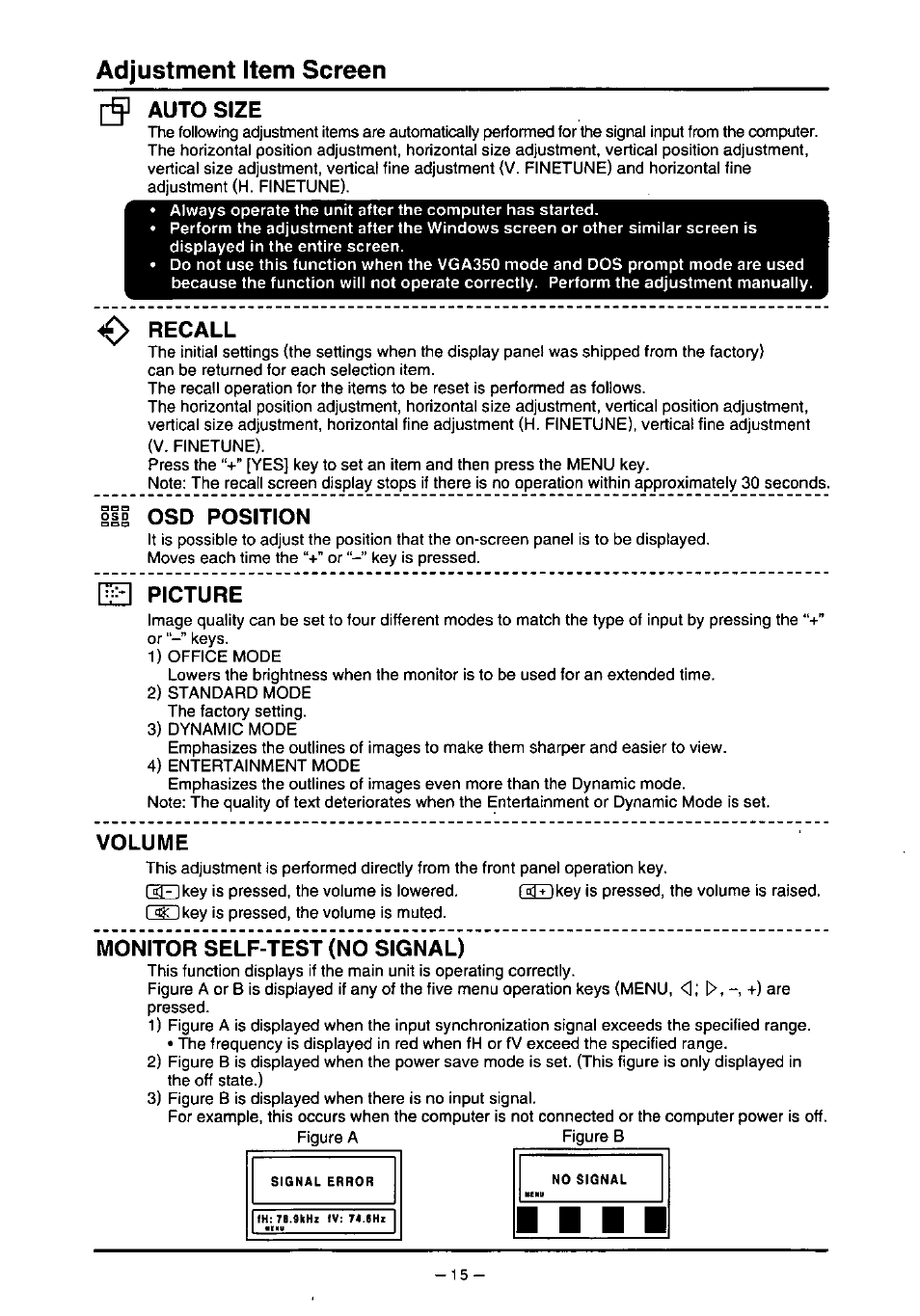 Adjustment item screen, Auto size, Recall | Position, Hfl picture, Volume, M6nitbrself=-f, Ilg osd position | Panasonic PANAFLAT TX-D5L31F User Manual | Page 16 / 67