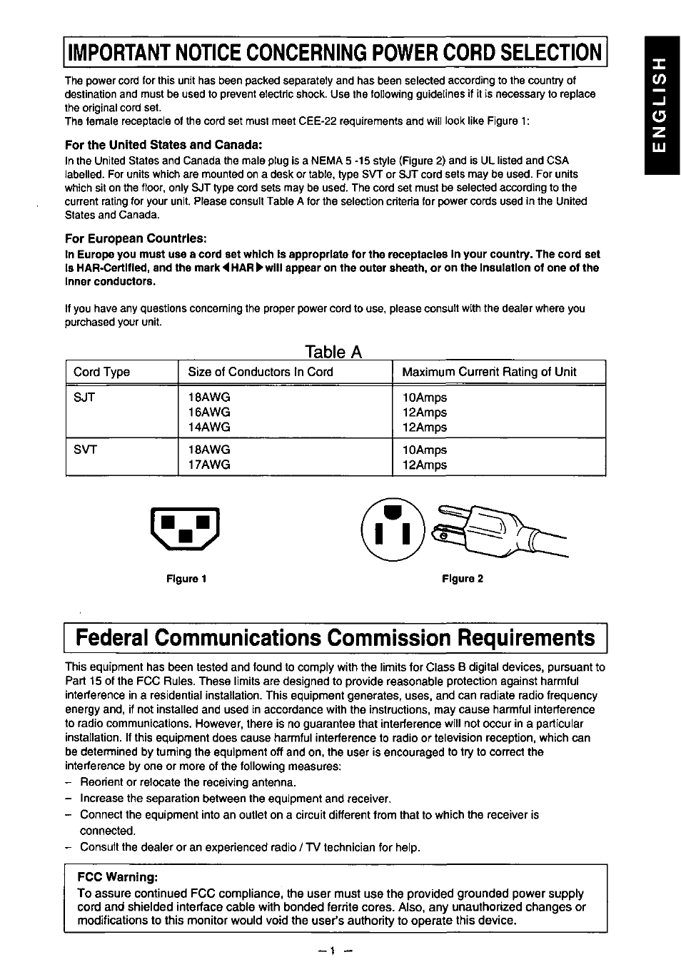 Important notice concerning power cord selection, Federal communications commission requirements, Table a | Panasonic PANAFLAT TX-D5L31F User Manual | Page 2 / 67