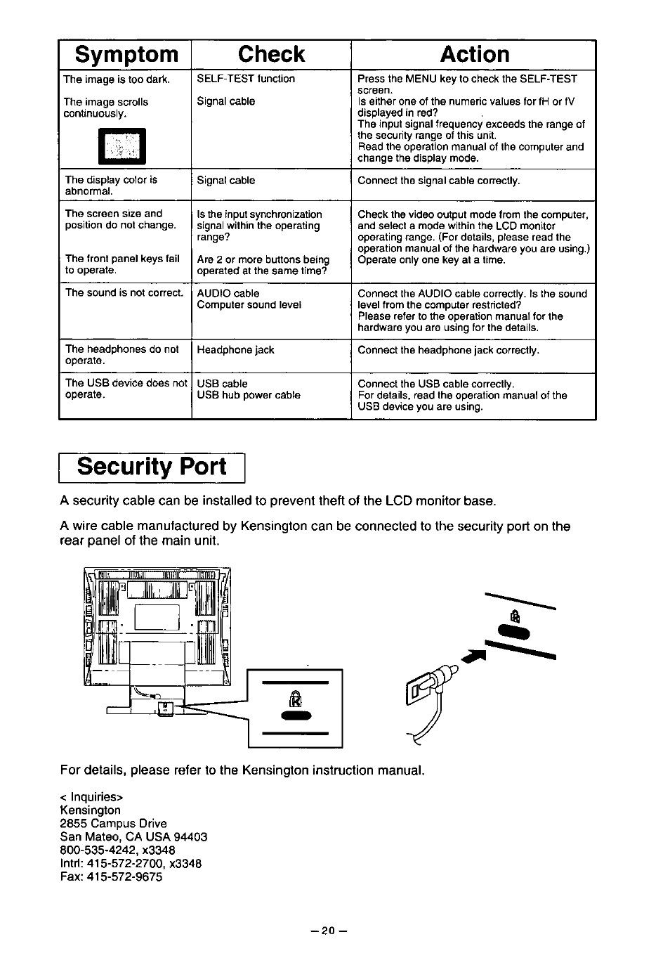 Symptom check action, Security port | Panasonic PANAFLAT TX-D5L31F User Manual | Page 21 / 67