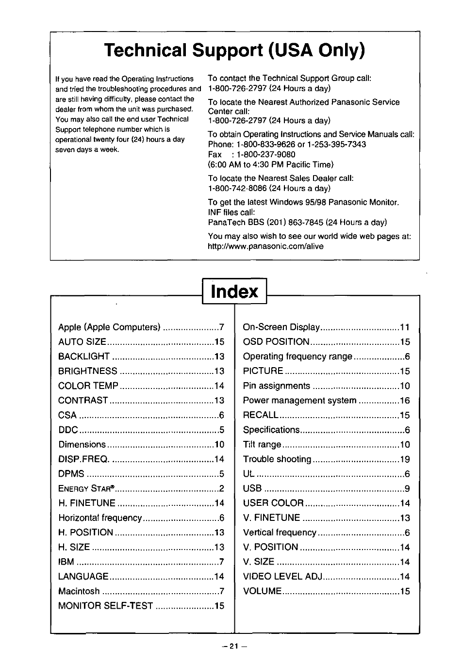 Technical support (usa only), Index | Panasonic PANAFLAT TX-D5L31F User Manual | Page 22 / 67