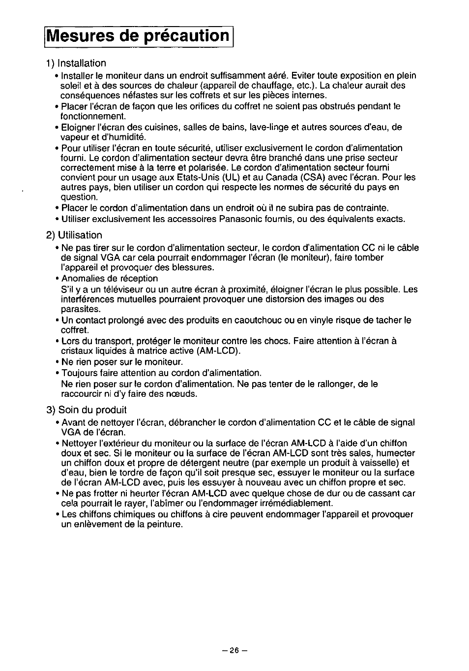 Mesures de précaution, 1) installation, 2) utilisation | 3) soin du produit | Panasonic PANAFLAT TX-D5L31F User Manual | Page 27 / 67