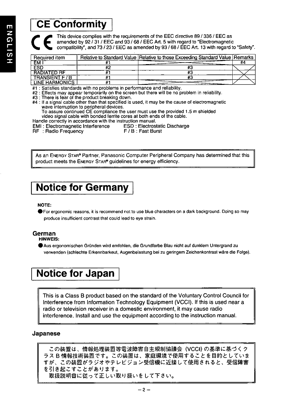 German, Japanese, Irokbli, (vcci) | Ce conformity, Notice for germany, Uttii | Panasonic PANAFLAT TX-D5L31F User Manual | Page 3 / 67