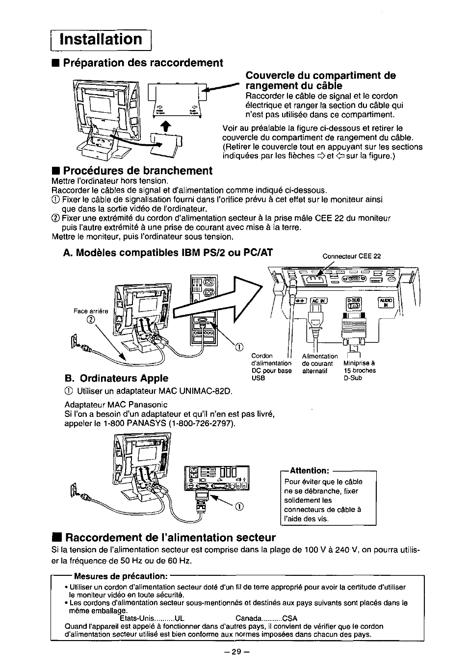 Couvercle du compartiment de rangement du câble, Procédures de branchement, A. modèles compatibles ibm ps/2 ou pc/at | Raccordement de ralimentation secteur, Installation, Préparation des raccordement | Panasonic PANAFLAT TX-D5L31F User Manual | Page 30 / 67
