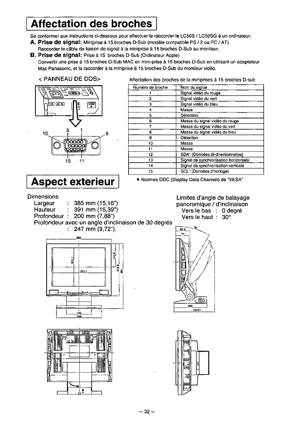 Panneau de dos, Dimensions, Largeur | Hauteur, Profondeur, 385 mm {15,16"), 391 mm (15,39"), 200 mm (7,88"), Vers le bas vers le haut, 0 degré | Panasonic PANAFLAT TX-D5L31F User Manual | Page 33 / 67