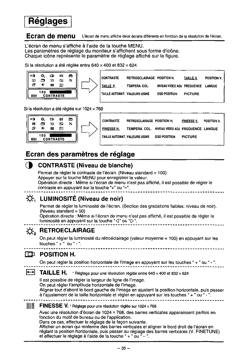 Ecran des paramètres de réglage, 3 contraste (niveau de blanche), Luminosité (niveau de noir) | Ô\ retroeclairage, Position h, B taille h, Réglages, Ecran de menu | Panasonic PANAFLAT TX-D5L31F User Manual | Page 36 / 67