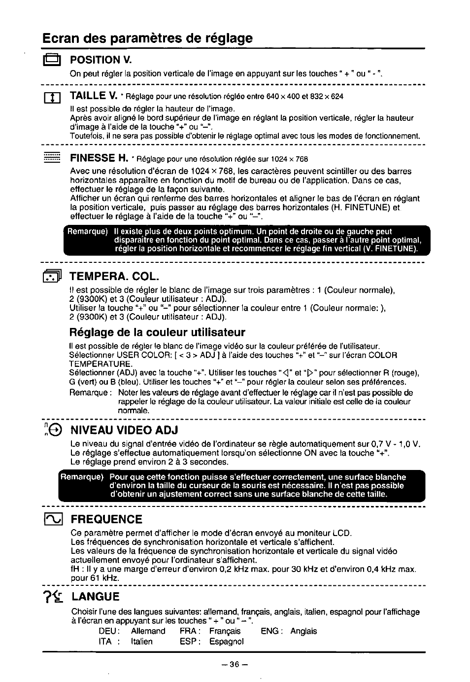 Ecran des paramètres de réglage, B| position v, Tempera. col | Réglage de la couleur utilisateur, 0 niveau video adj, Q frequence, T-q: langue, Rri taille v, Finesse h | Panasonic PANAFLAT TX-D5L31F User Manual | Page 37 / 67