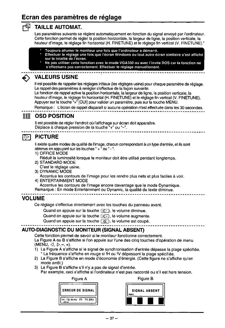Ecran des paramètres de réglage, Rÿ taille automat, Valeurs usine | Il osd position, Picture, Volume, Auto-diagnostic du moniteur (signal absent) | Panasonic PANAFLAT TX-D5L31F User Manual | Page 38 / 67