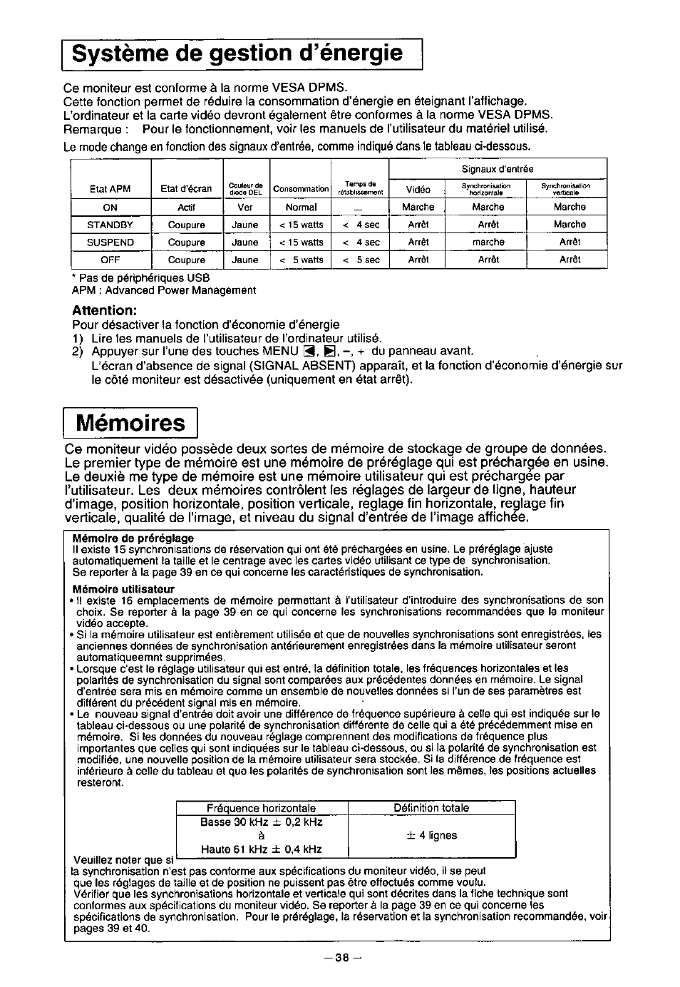 Attention, Système de gestion d’énergie, Mémoires | Panasonic PANAFLAT TX-D5L31F User Manual | Page 39 / 67
