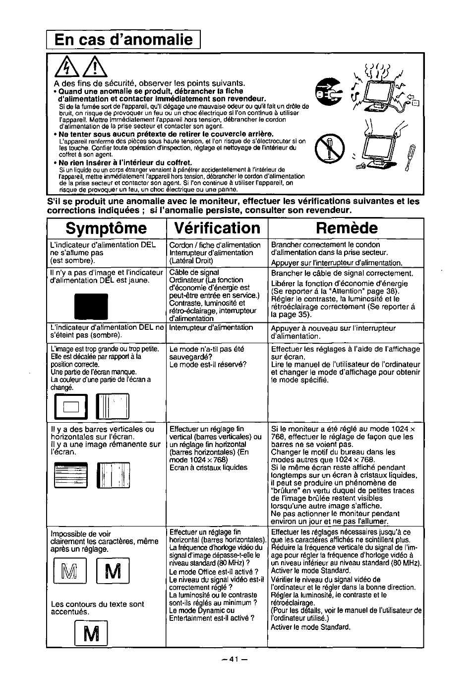 En cas d’anomalie, Symptôme vérification remède | Panasonic PANAFLAT TX-D5L31F User Manual | Page 42 / 67