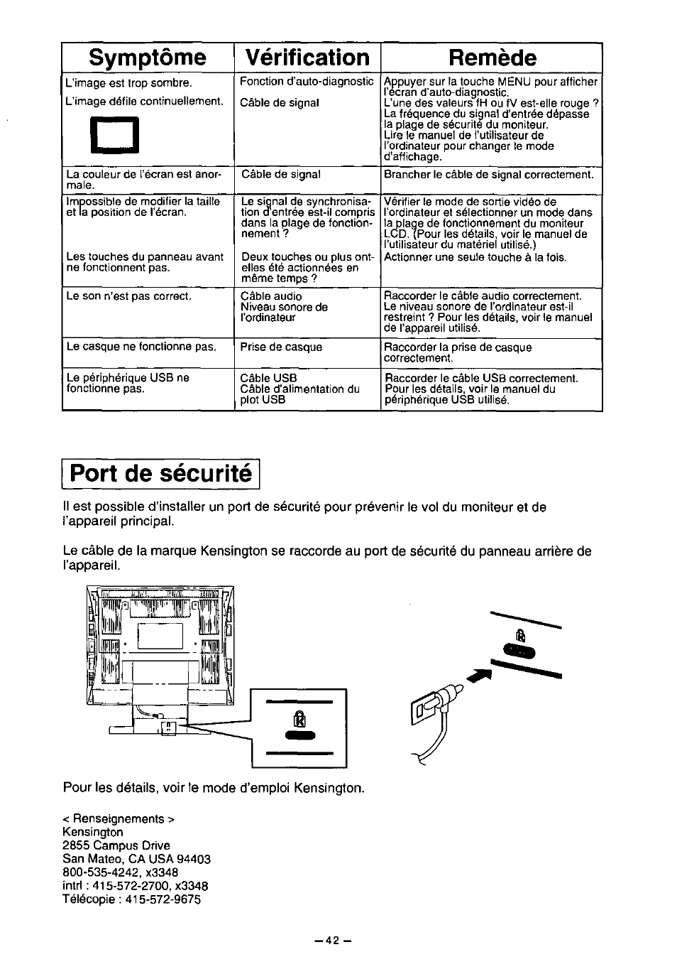 Pour les détails, voir le mode d’emploi kensington, Symptôme vérification remède, Port de sécurité | Panasonic PANAFLAT TX-D5L31F User Manual | Page 43 / 67