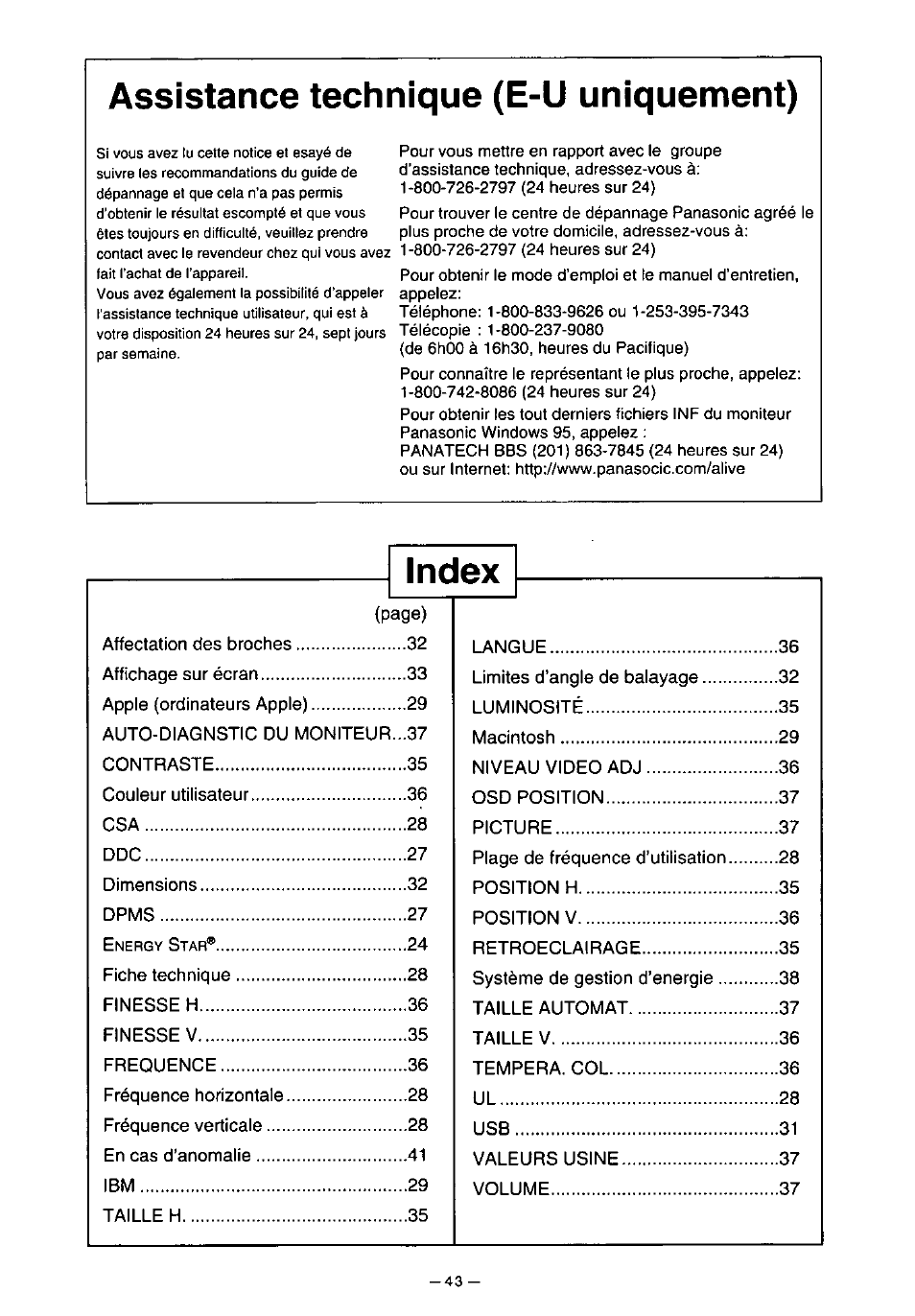 Assistance technique (e-u uniquement), Index | Panasonic PANAFLAT TX-D5L31F User Manual | Page 44 / 67