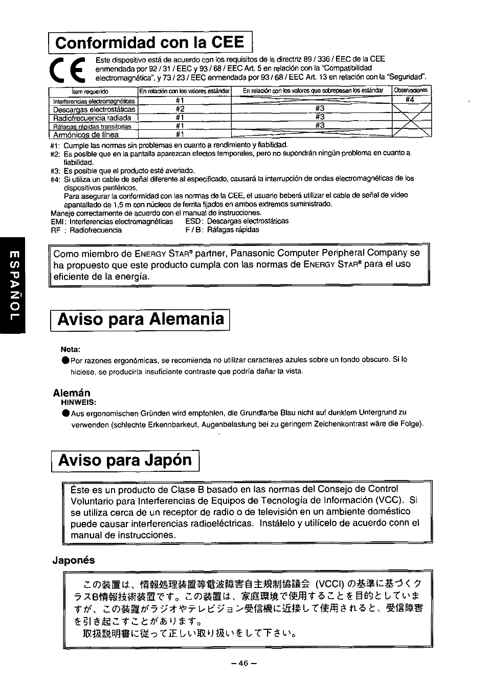 Alemán, Japonés, Aviso para alemania | Conformidad con la cee, Aviso para japón | Panasonic PANAFLAT TX-D5L31F User Manual | Page 47 / 67