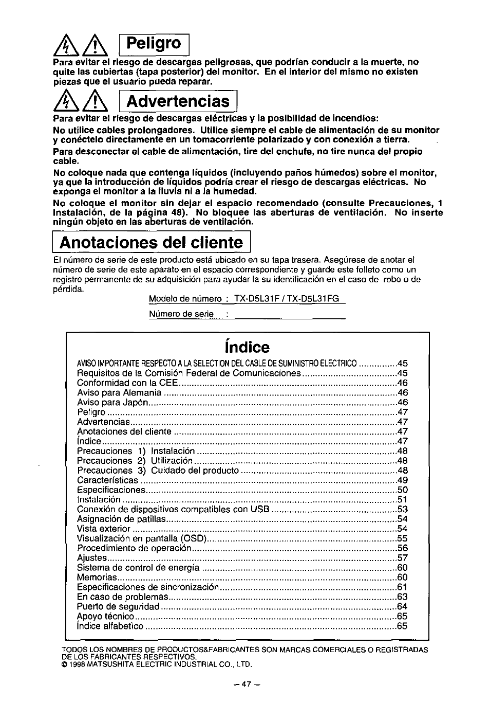 Ад i peligro, I advertencias, Anotaciones del cliente | Indice | Panasonic PANAFLAT TX-D5L31F User Manual | Page 48 / 67