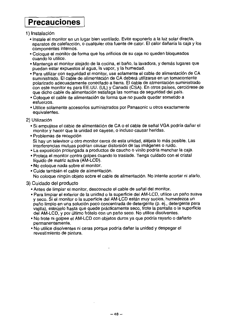 Precauciones, 1) instalación, 3) cuidado del producto | Panasonic PANAFLAT TX-D5L31F User Manual | Page 49 / 67