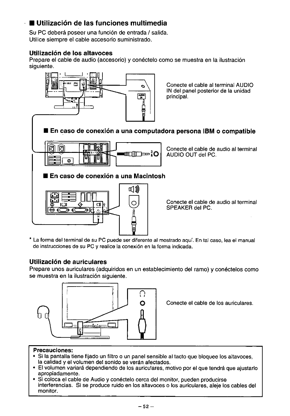 Utilización de las funciones multimedia, Utilización de los altavoces, En caso de conexión a una macintosh | Utilización de auriculares, Precauciones | Panasonic PANAFLAT TX-D5L31F User Manual | Page 53 / 67