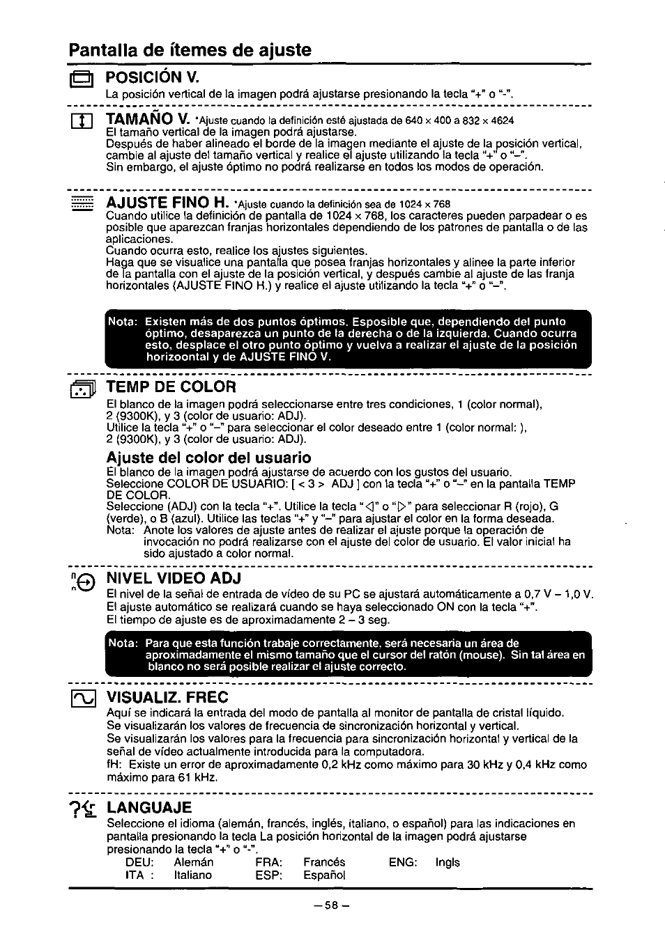 Pantalla de ítemes de ajuste, B] posicion v, Gi temp de color | Ajuste del color del usuario, 0 nivel vlbéó adj, Q visualiz. frec, Languaje, Langue, Ixi tamaño y, Ajuste fino h | Panasonic PANAFLAT TX-D5L31F User Manual | Page 59 / 67