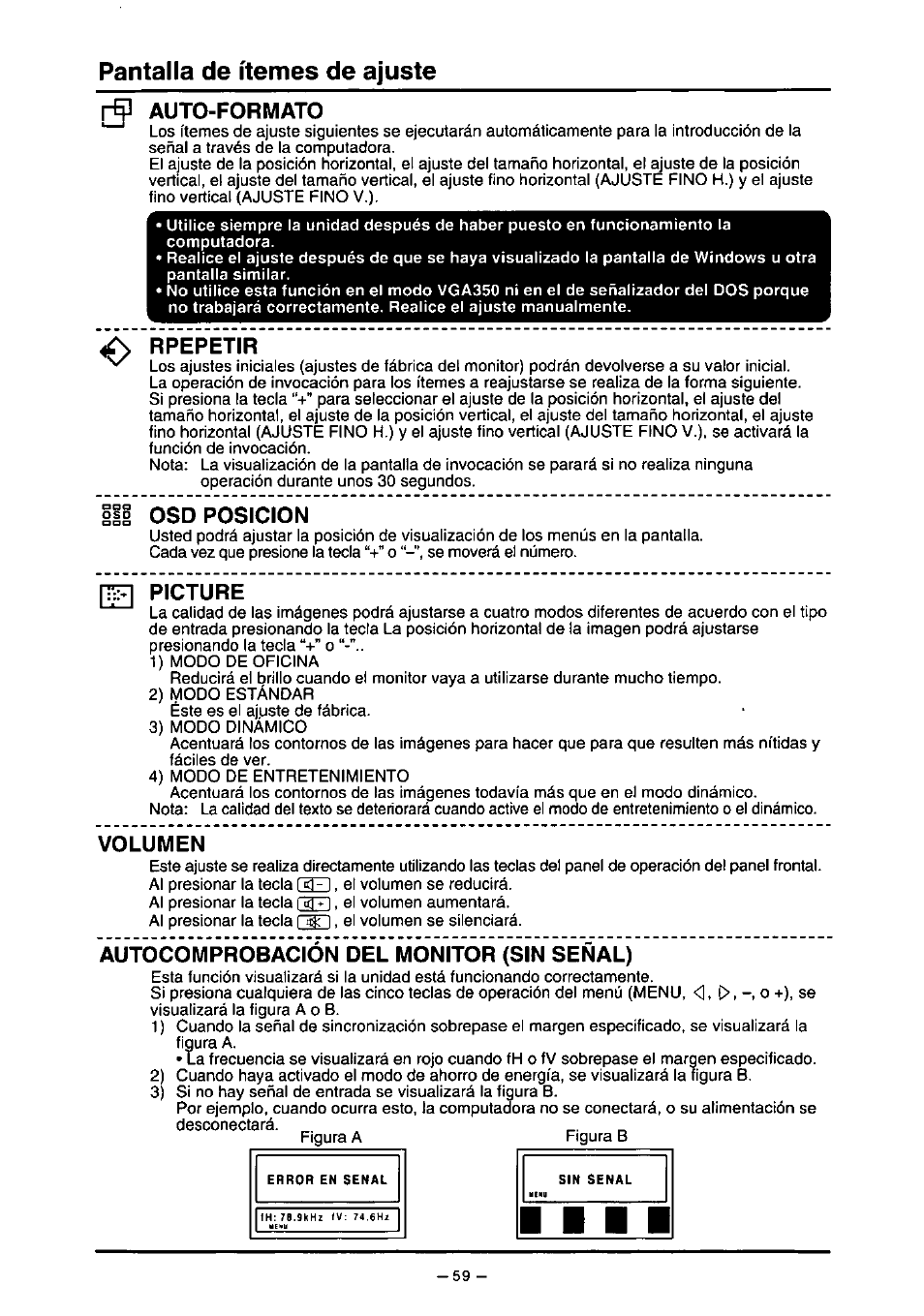 Pantalla de ítemes de ajuste, Auto-formato, Rpepetir | Osd posicion, Picture, Volumen, Áütocó, Probá, Vón m | Panasonic PANAFLAT TX-D5L31F User Manual | Page 60 / 67