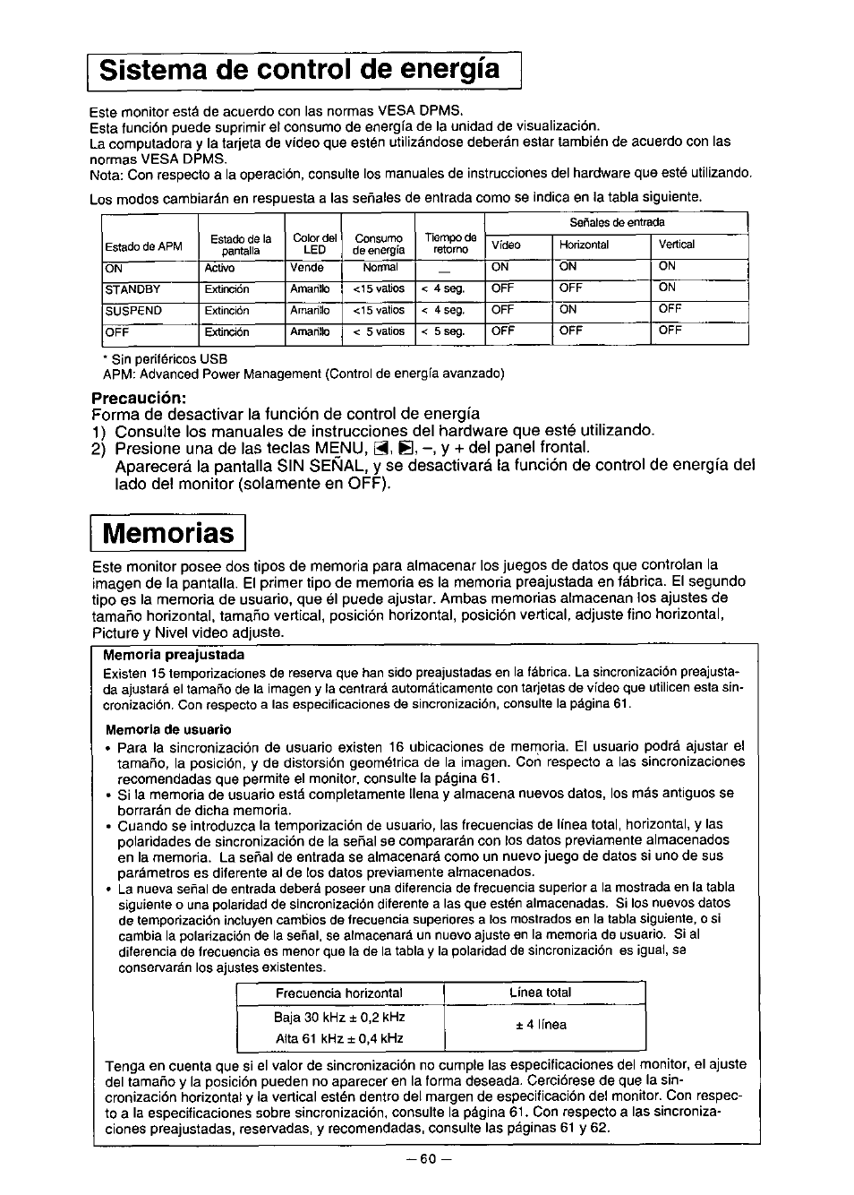 Precaución, Sistema de control de energia | Panasonic PANAFLAT TX-D5L31F User Manual | Page 61 / 67