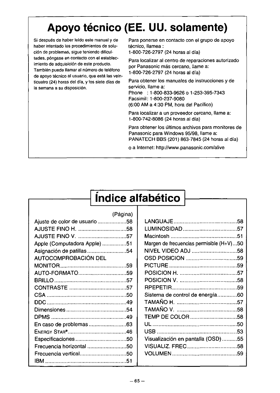 Apoyo técnico (ее. uu. solamente) | Panasonic PANAFLAT TX-D5L31F User Manual | Page 66 / 67