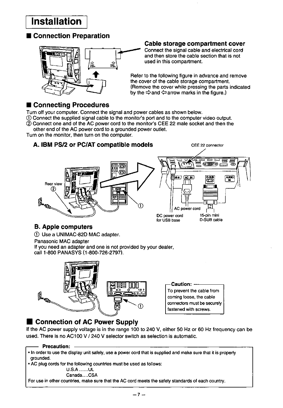 Connection preparation, Cable storage compartment cover, Connecting procedures | A. ibm ps/2 or pc/at compatible models, B. apple computers, Connection of ac power supply, Installation | Panasonic PANAFLAT TX-D5L31F User Manual | Page 8 / 67