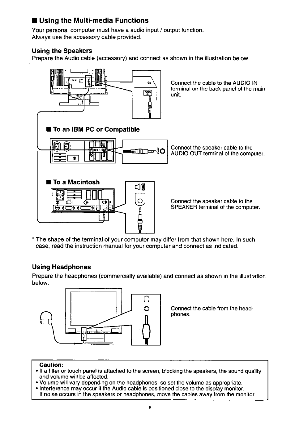 Using the multi-media functions, Using the speakers, Using headphones | Caution | Panasonic PANAFLAT TX-D5L31F User Manual | Page 9 / 67