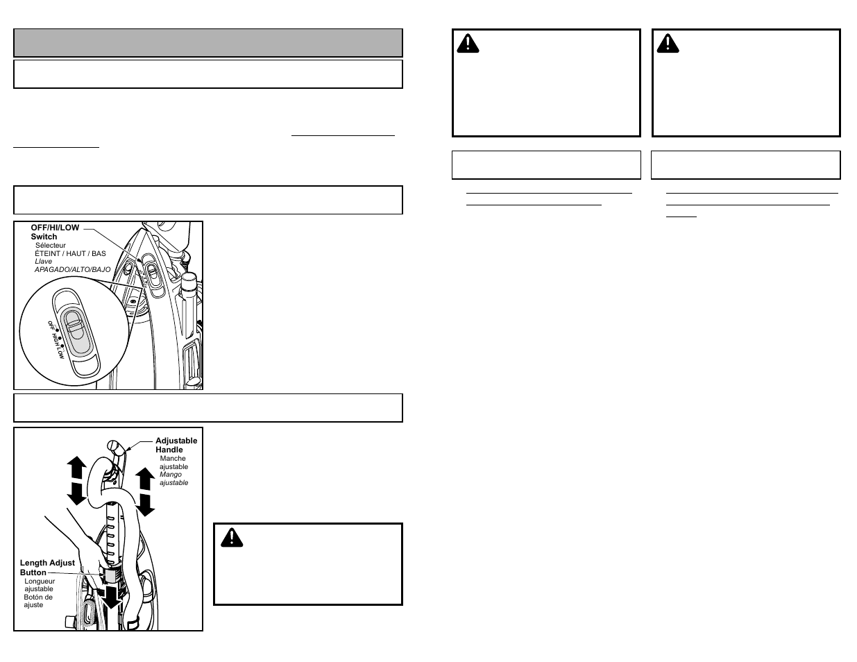 To operate vacuum cleaner, Power cord, Off/hi/low switch | Using the adjustable handle, Advertencia, Avertissement, Caution | Panasonic MC-V7710 User Manual | Page 18 / 60