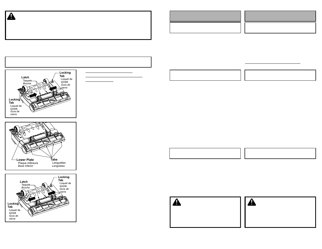 Removing and installing lower plate, Warning, Attention | Cuidado, Para operar la aspiradora fonctionnement | Panasonic MC-V7710 User Manual | Page 42 / 60