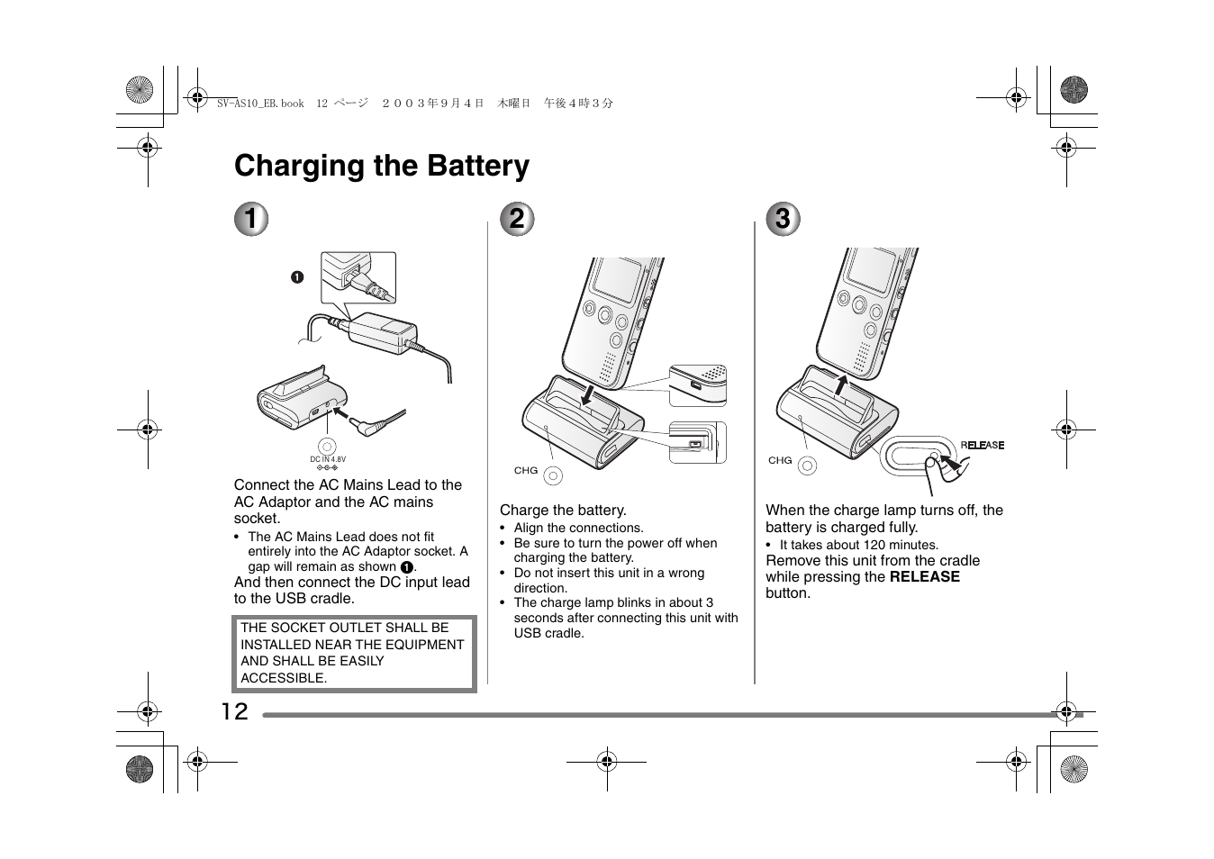 Charging the battery | Panasonic D-Snap SV-AS10 User Manual | Page 12 / 84