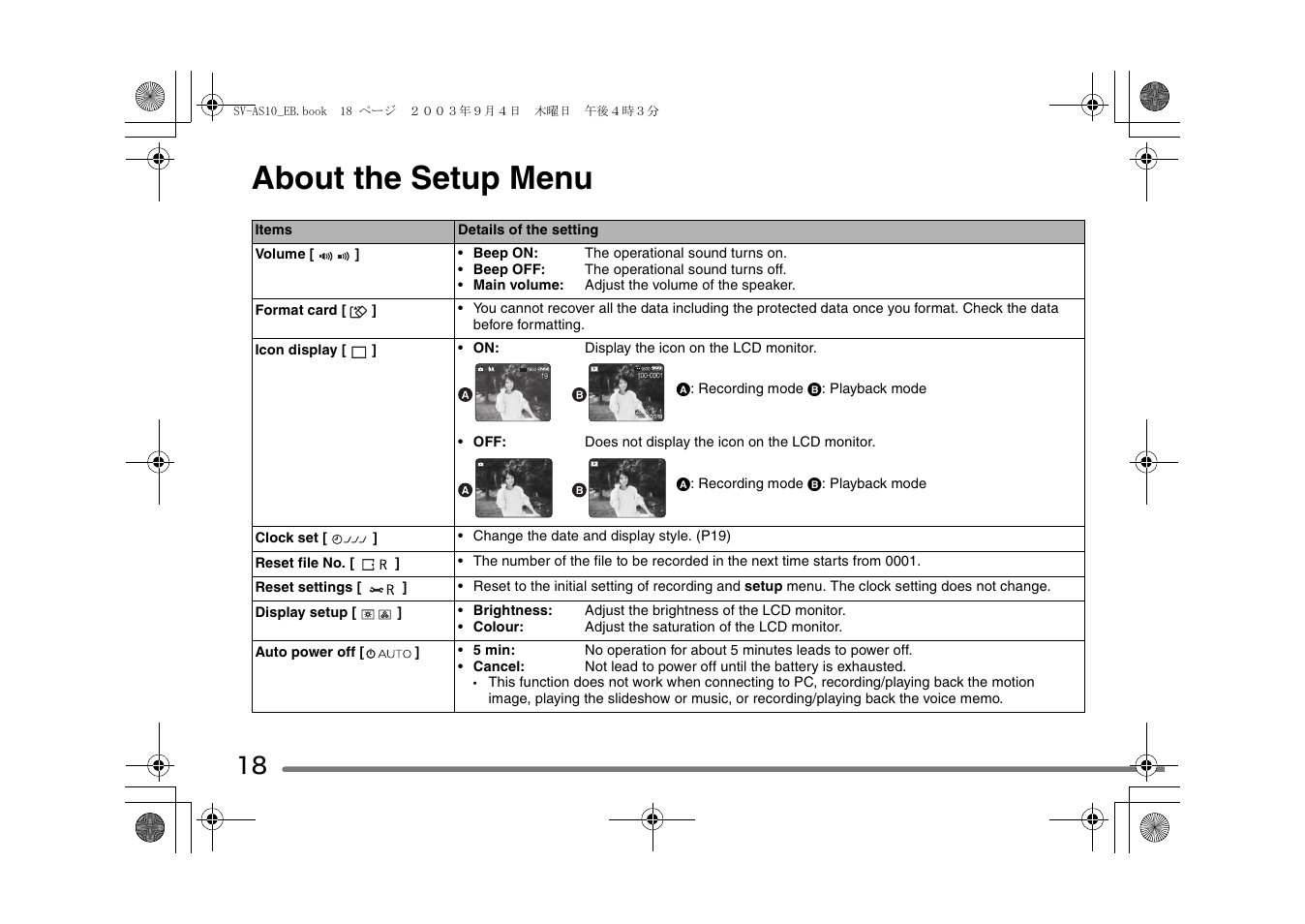 About the setup menu | Panasonic D-Snap SV-AS10 User Manual | Page 18 / 84
