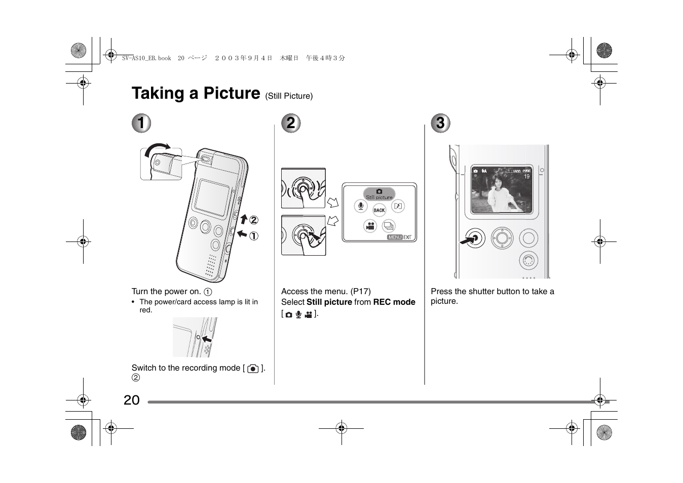 Taking a picture | Panasonic D-Snap SV-AS10 User Manual | Page 20 / 84