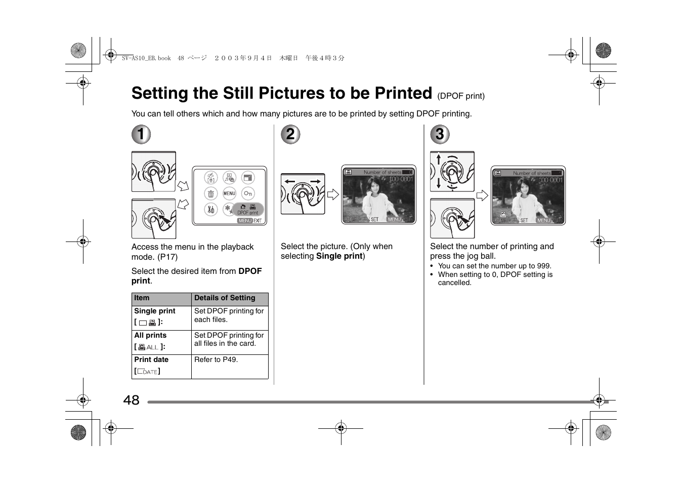 Setting the still pictures to be printed | Panasonic D-Snap SV-AS10 User Manual | Page 48 / 84
