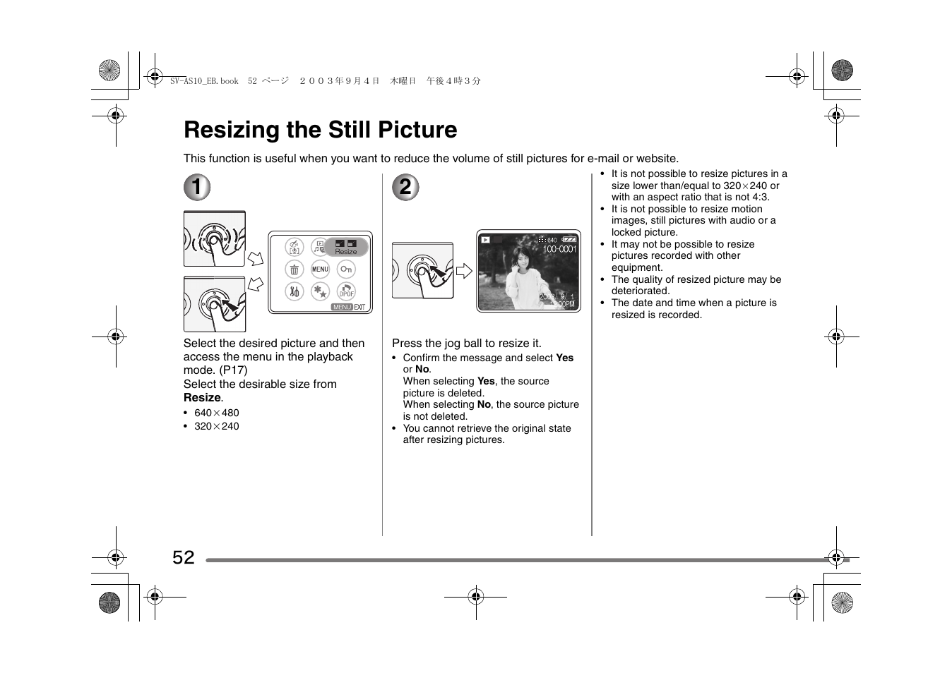 Resizing the still picture | Panasonic D-Snap SV-AS10 User Manual | Page 52 / 84