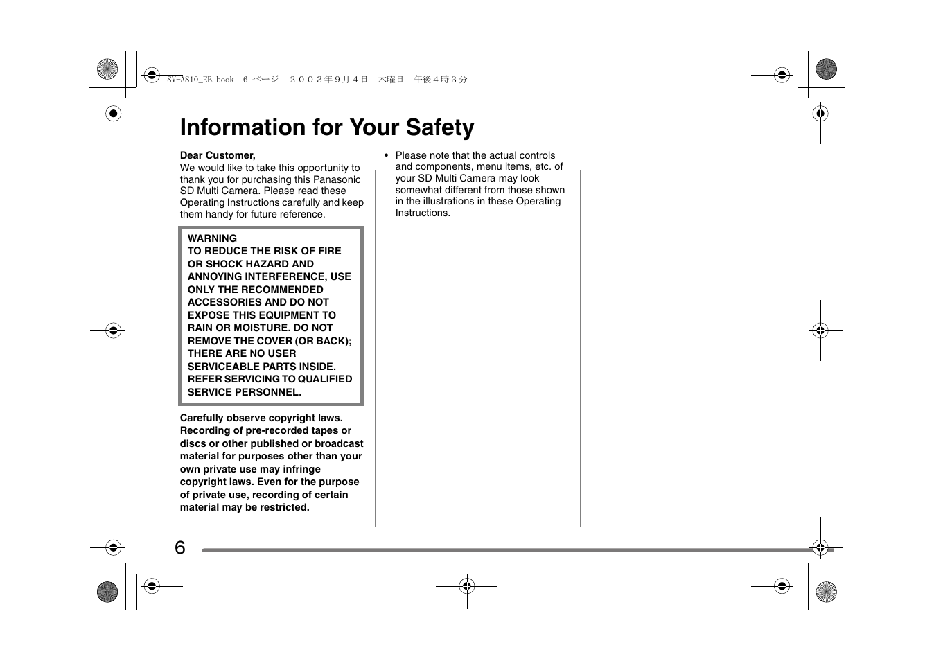 Information for your safety | Panasonic D-Snap SV-AS10 User Manual | Page 6 / 84