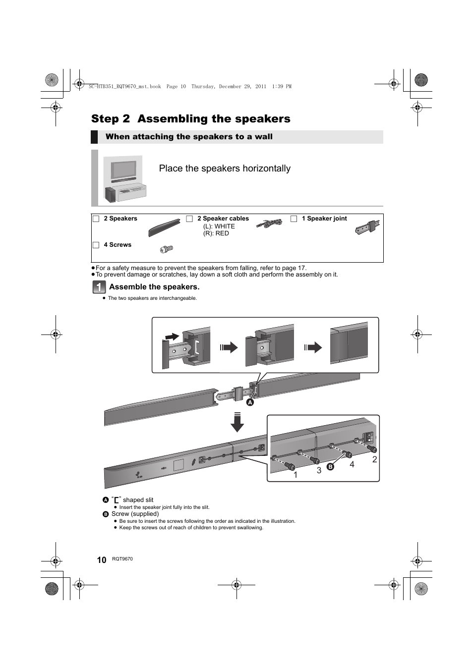 Step 2 assembling the speakers, Place the speakers horizontally | Panasonic SC-HTB351 User Manual | Page 10 / 32