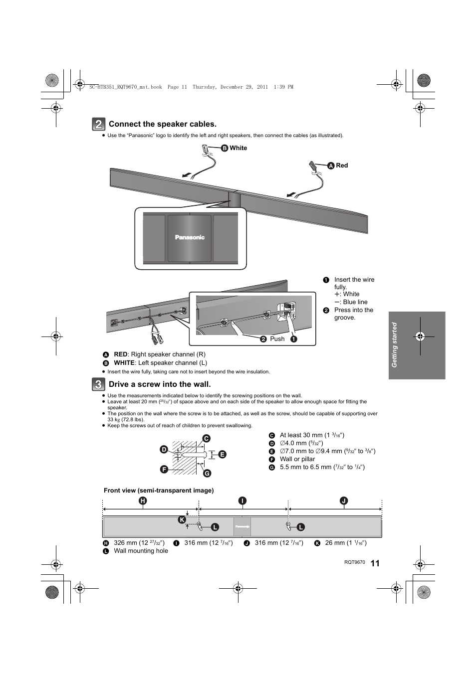 Connect the speaker cables, Drive a screw into the wall | Panasonic SC-HTB351 User Manual | Page 11 / 32