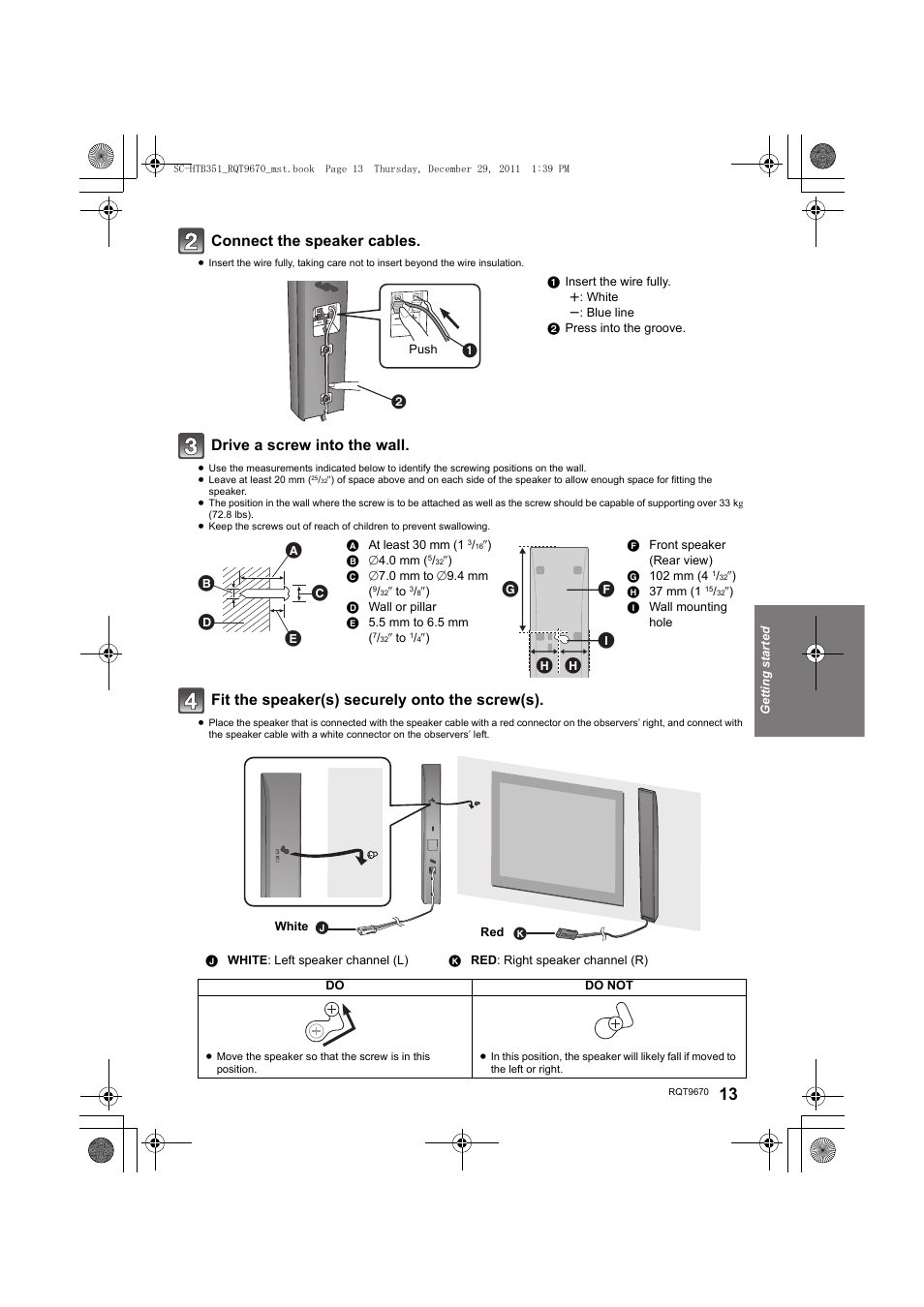 Connect the speaker cables, Drive a screw into the wall, Fit the speaker(s) securely onto the screw(s) | Panasonic SC-HTB351 User Manual | Page 13 / 32