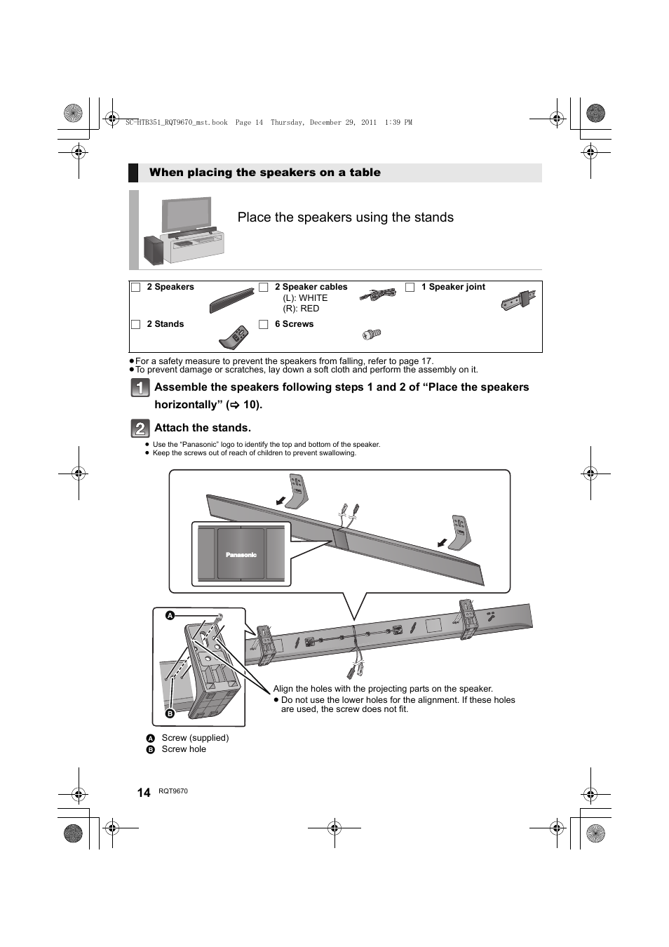 Place the speakers using the stands | Panasonic SC-HTB351 User Manual | Page 14 / 32